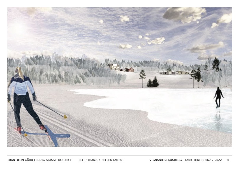 Tegning av dame som går på ski ved Trantjern Gård