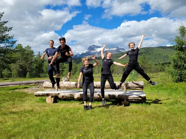 Fem personer med ansattbekledning hopper fra en benk med armer i været med fjell og natur i bakgrunnen.