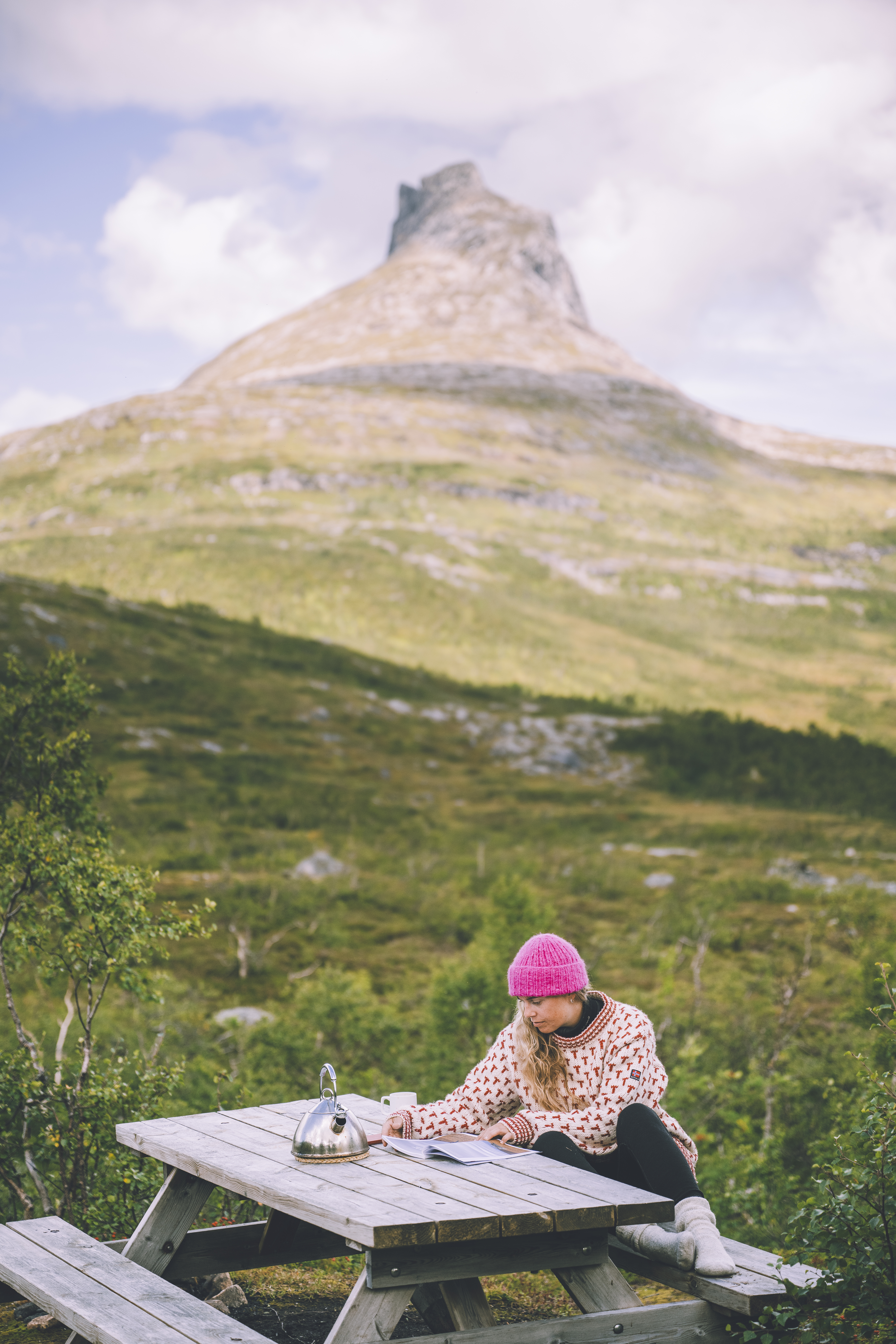Fjell i bakgrunn og en dame som leser bok ved en benk p&aring; fjellet.