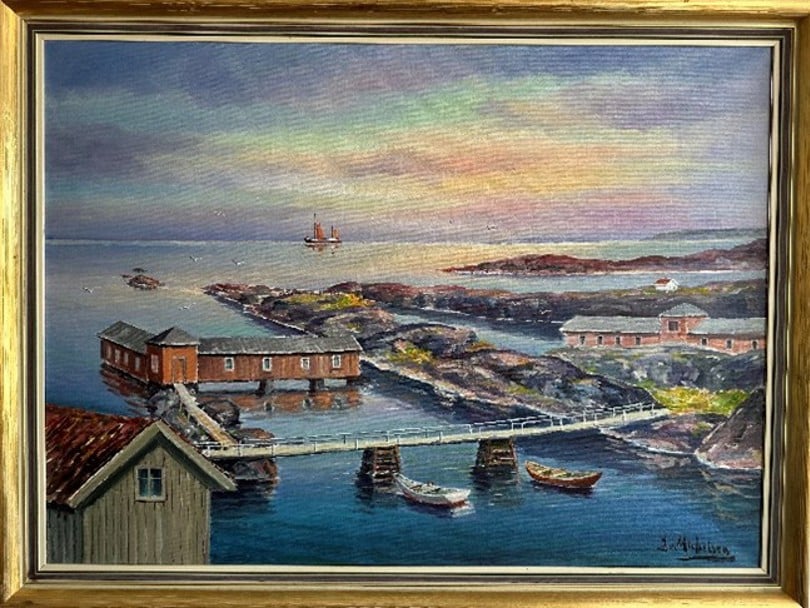 Maleri av en gammel bru og to hus