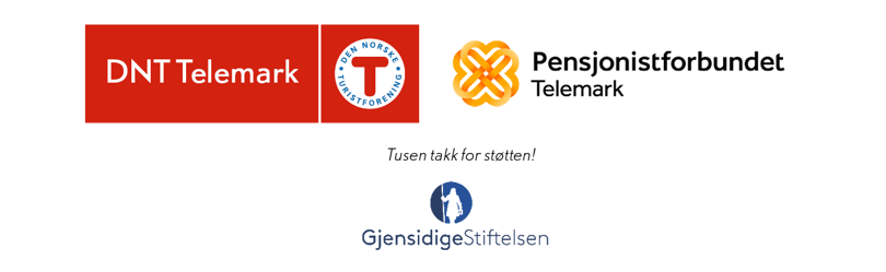 Bilde av tre logoer, DNT Telemark, Pensjonistforbundet Telemark og Gjensidigestiftelsen