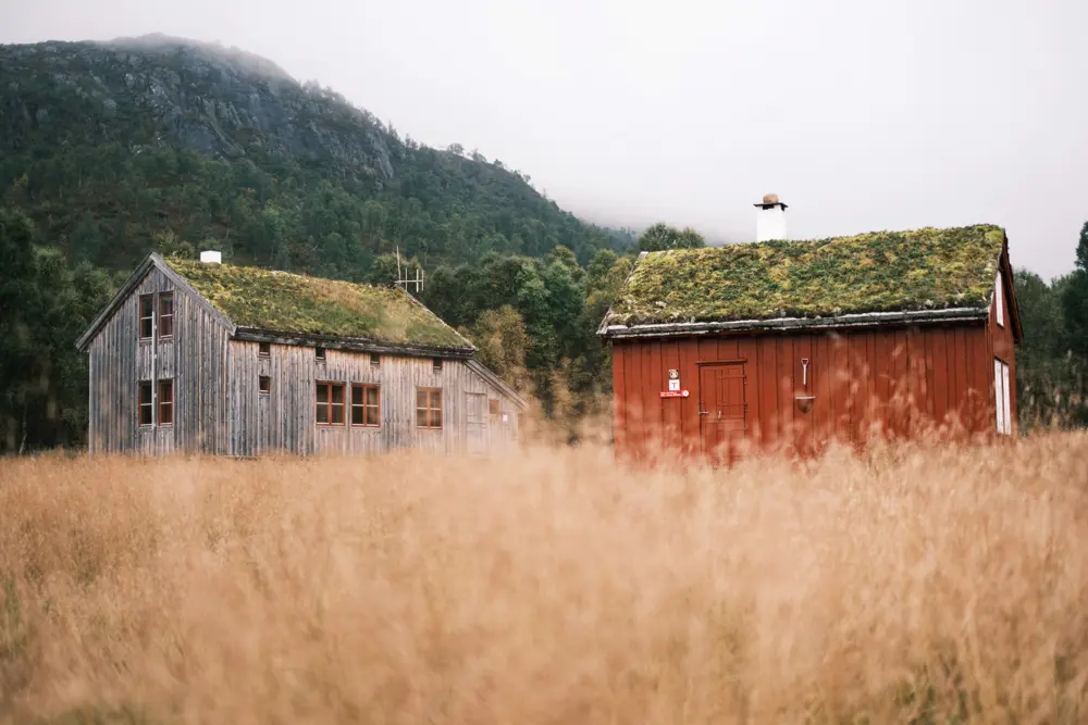 Høst på Bleskestadmoen turisthytte. Bjørkeskog, støl, seter, Suldal.