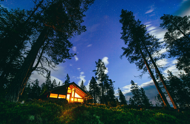 Hytte, høye trær og stjernehimmel.