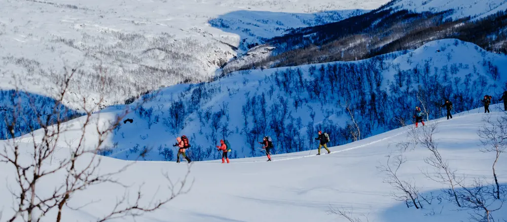 Skigåere forserer terreng, på vei til Skogadalsbøen i vinterlige omgivelser. 