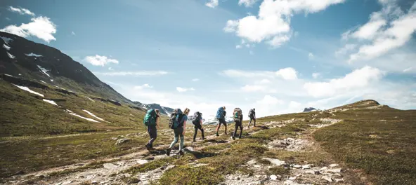 Bildet viser en gruppe mennesker på rekke og rad langs en sti i fjellet i fint sommervær.