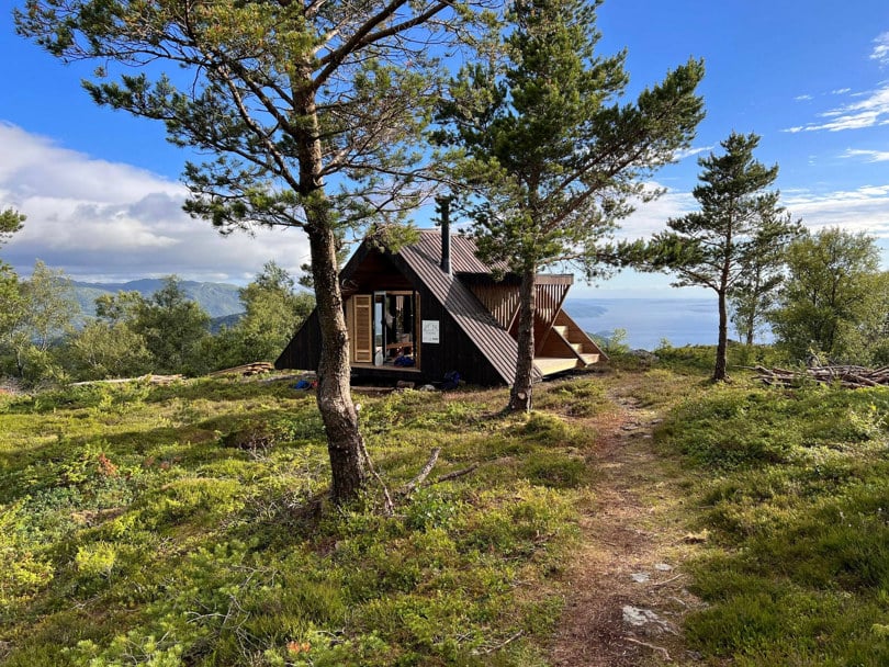 Furutrær, grønt gress, knallblå himmel med noen hvite skyer og en dagsturhytte som ligger midt inne i dette fine landskapet. Sola skinner og det ser ut som det er en fin, varm sommerdag på bildet.