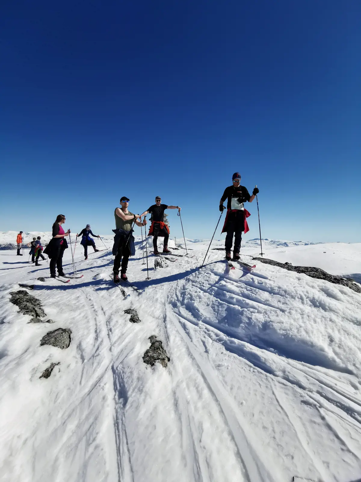En gruppe på ski i fjellet med sol og fint vær.