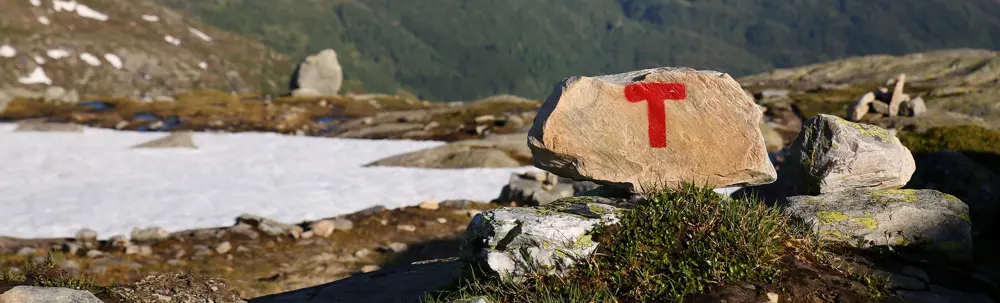 Varde på sti fra Breidablik til Fitjadalen, 2018.