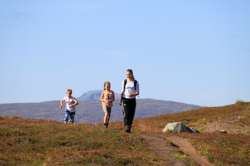 Tre barn går på en sti på snaufjellet. 