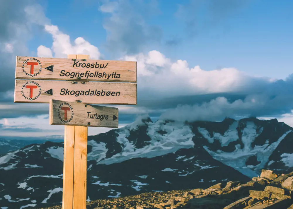 Andre uken av minutt for minutt gikk fem dager gjennom Jotunheimen. Turskilt på toppen av Fannaråken. 