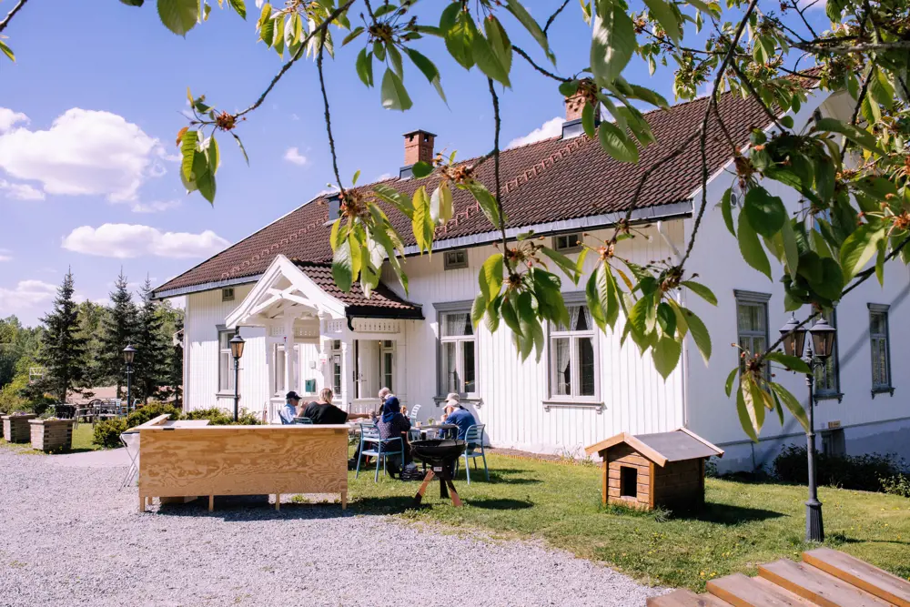 Det hvite hovedhuset på Breivoll gård i vakkert sommervær med frodig gress, planter og trær omkring