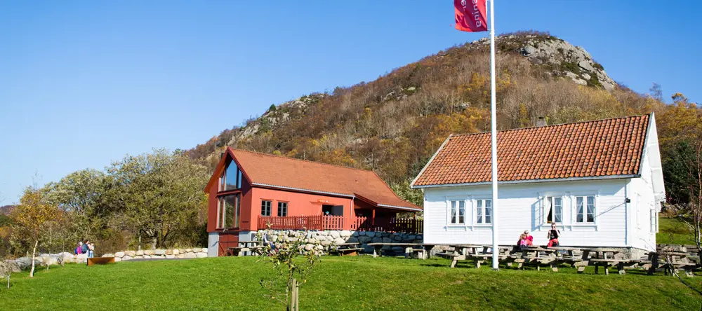 Hvitt hus og rød låve med et flagg som veiver i vinden.