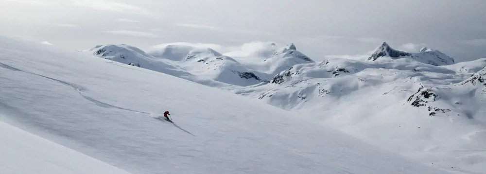 En person på ski nedover fjellveggen i løssnøen. 