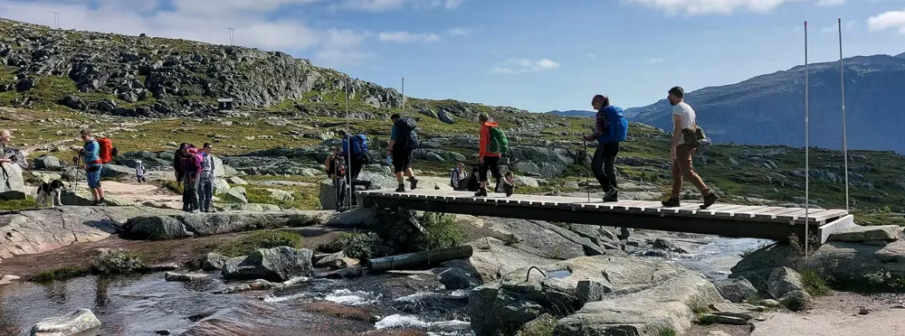 En gruppe mennesker går over en bro på fjellet. Foto.