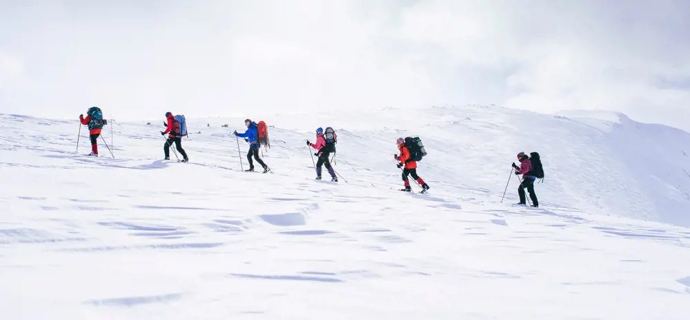 Skigåere på fellestur i fjellet. På rekke med store sekker.
