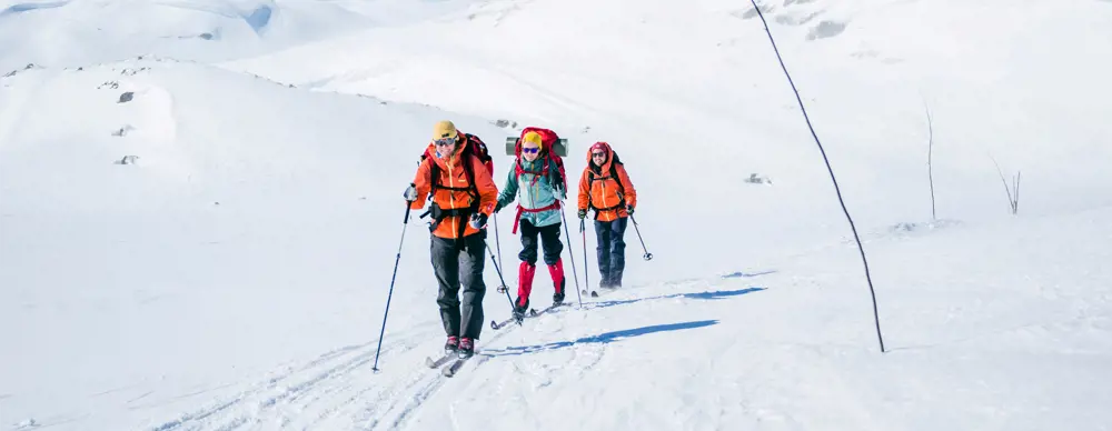 Tre personer som går på fjellski langs en kvistet løype