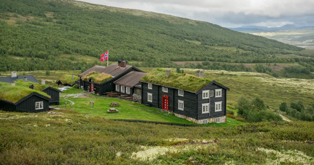Svartmalt hytte med torv på taket og grønt gress rundt.