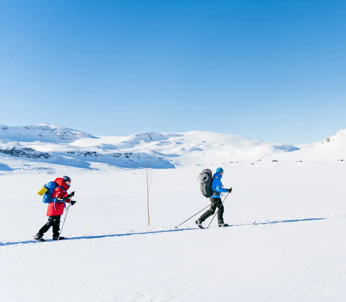 To personer på ski går over et snødekt landskap under en klar blå himmel, med fjell i bakgrunnen