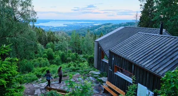Hytte og skog med utsikt mot sjøen.
