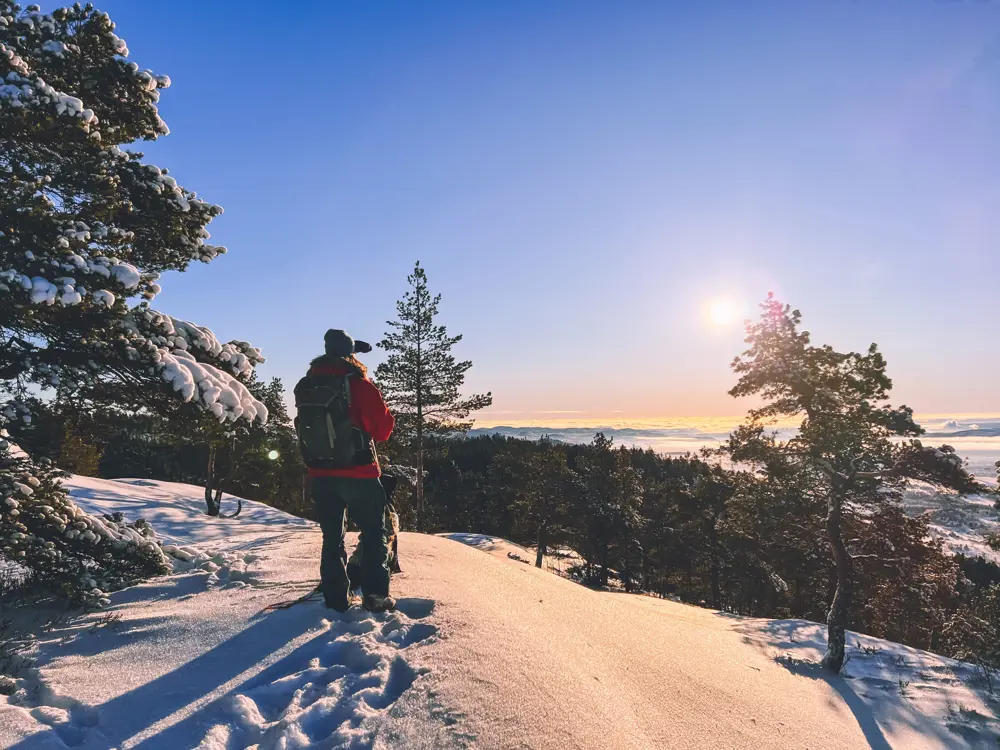 Utsikt fra en snødekt fjelltopp.