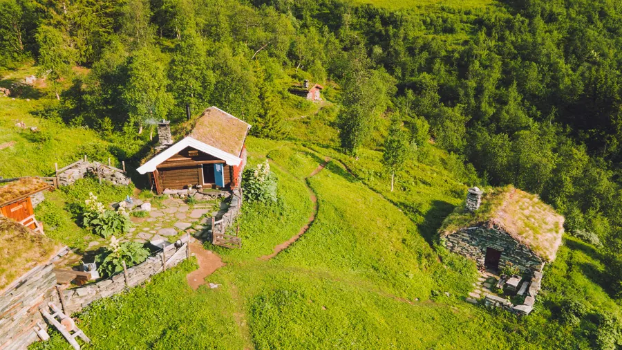 en hytte i grønt fjellområde