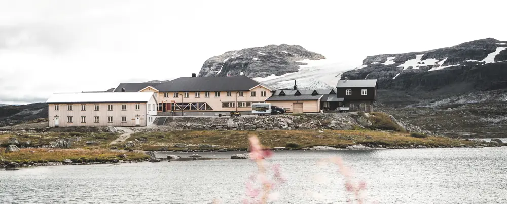 To svartmalte hytter med vann og blomster i forgrunnen