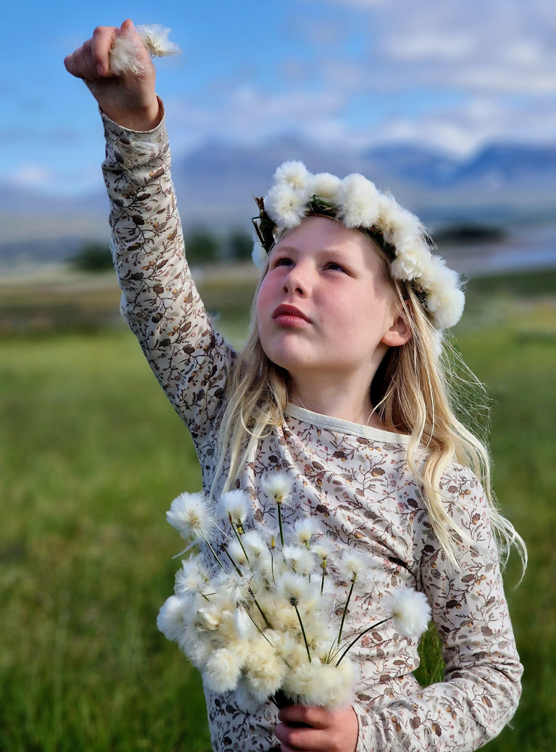 Sommerferie er å finne myrull, plukke myrull, flette myrull og se hvordan myrull blåser i vinden - Storeirikvollen ved Essandsjøen