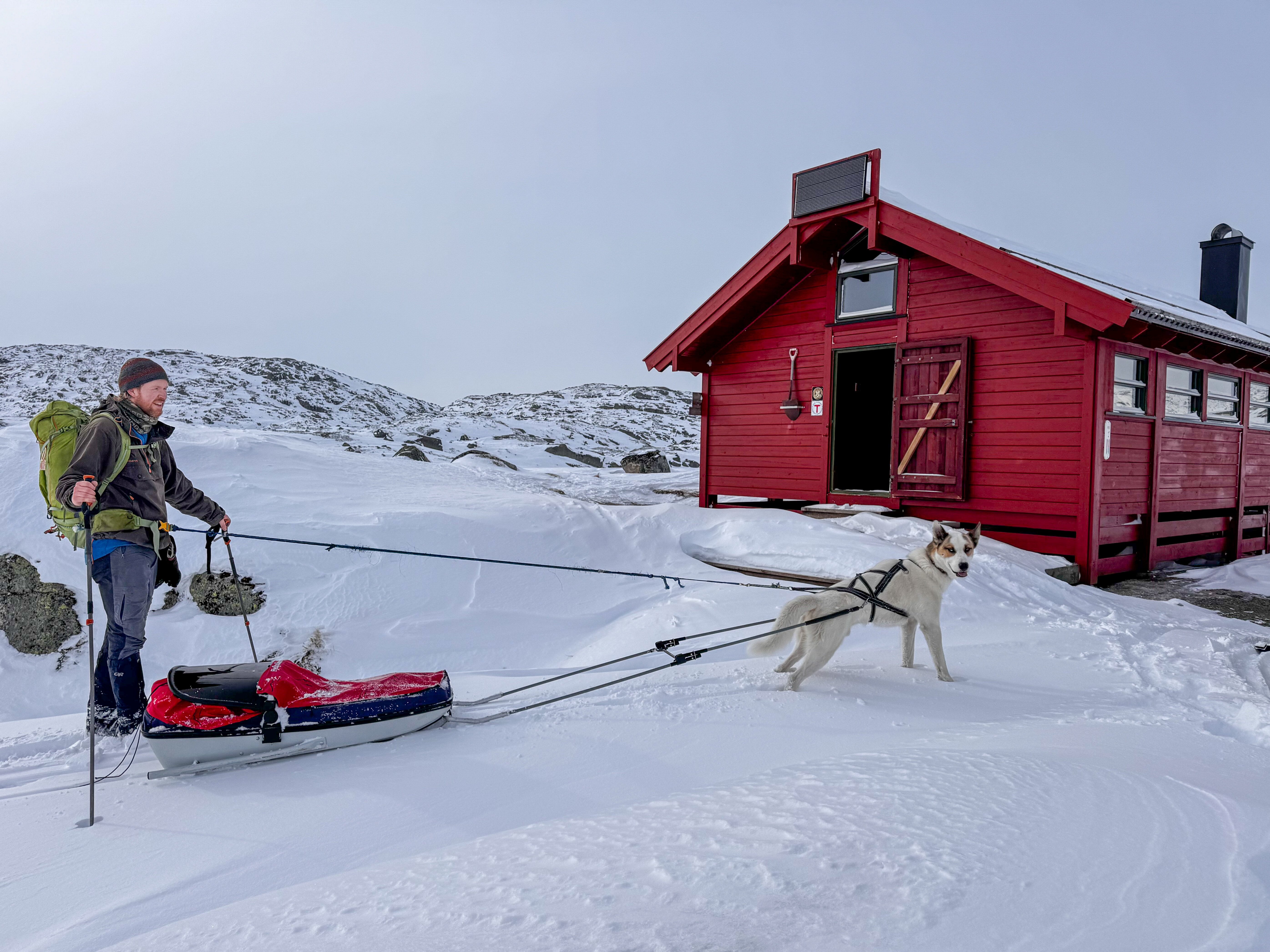 Bilde av en mann med hund og pulk utenfor en r&oslash;d hytte.