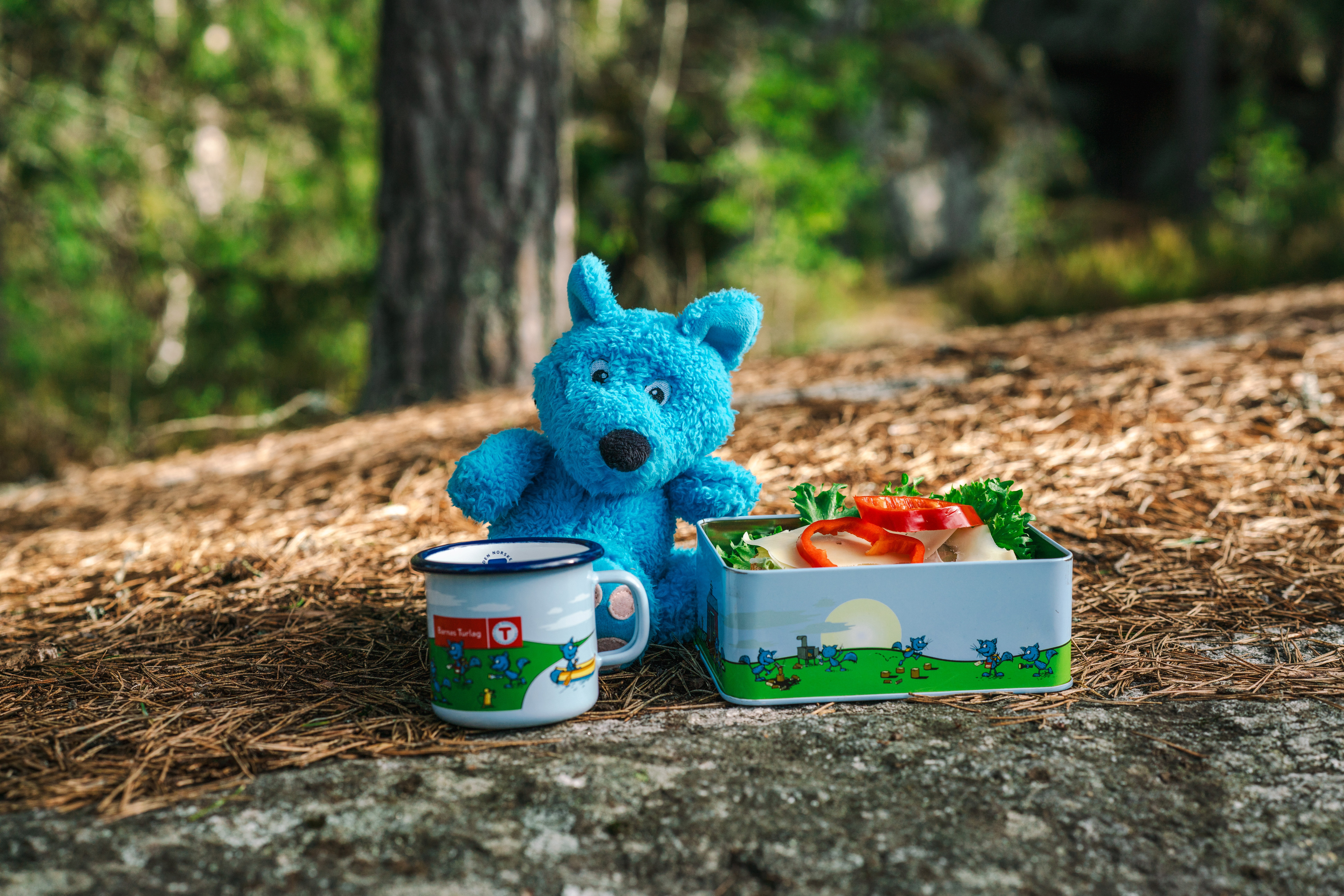 En bl&aring; bamse, turkopp og matboks i skogen