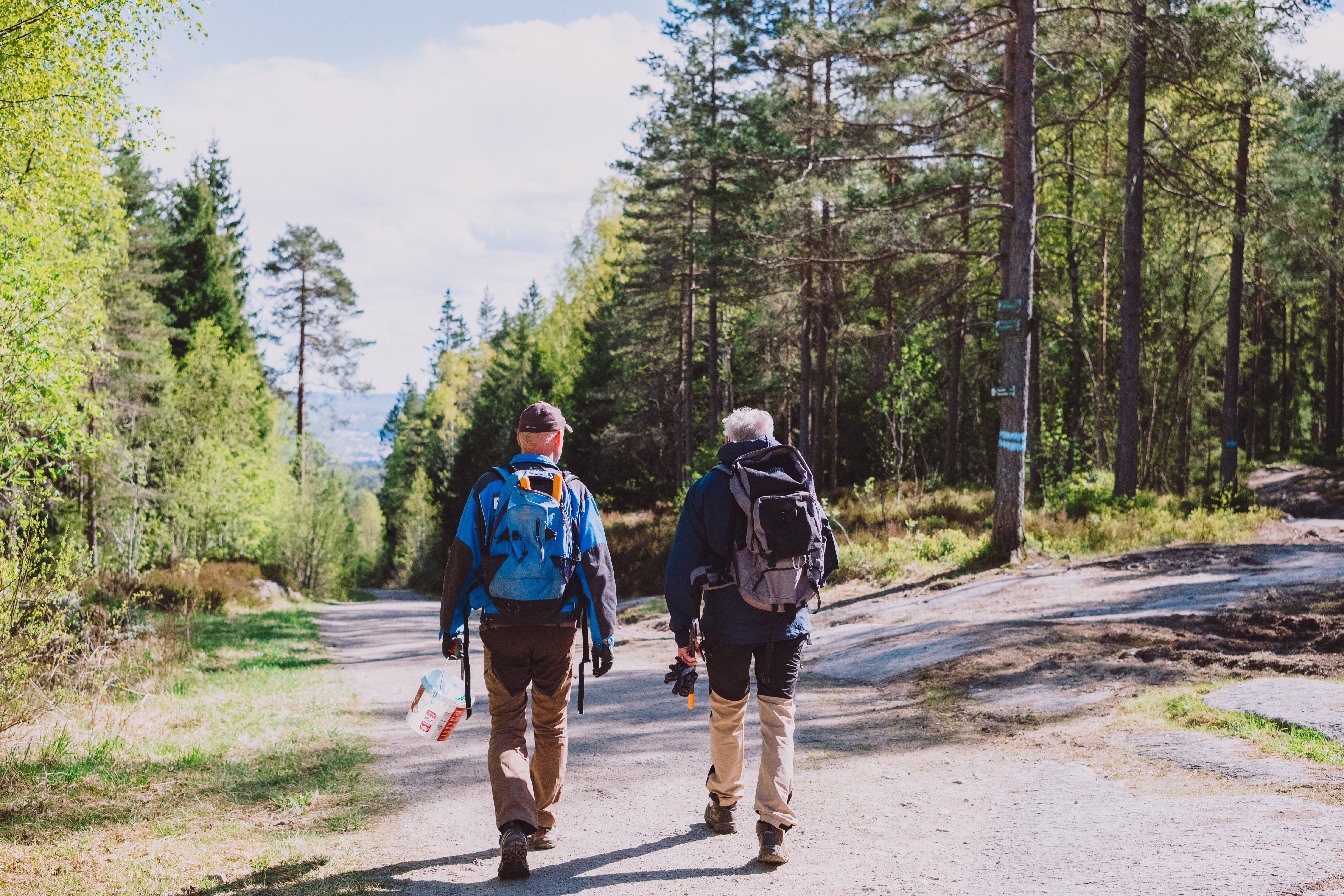To personer g&aring;r p&aring; en sti i skogen en solfylt sommerdag, vi skimter utsikt over en by i det fjerne