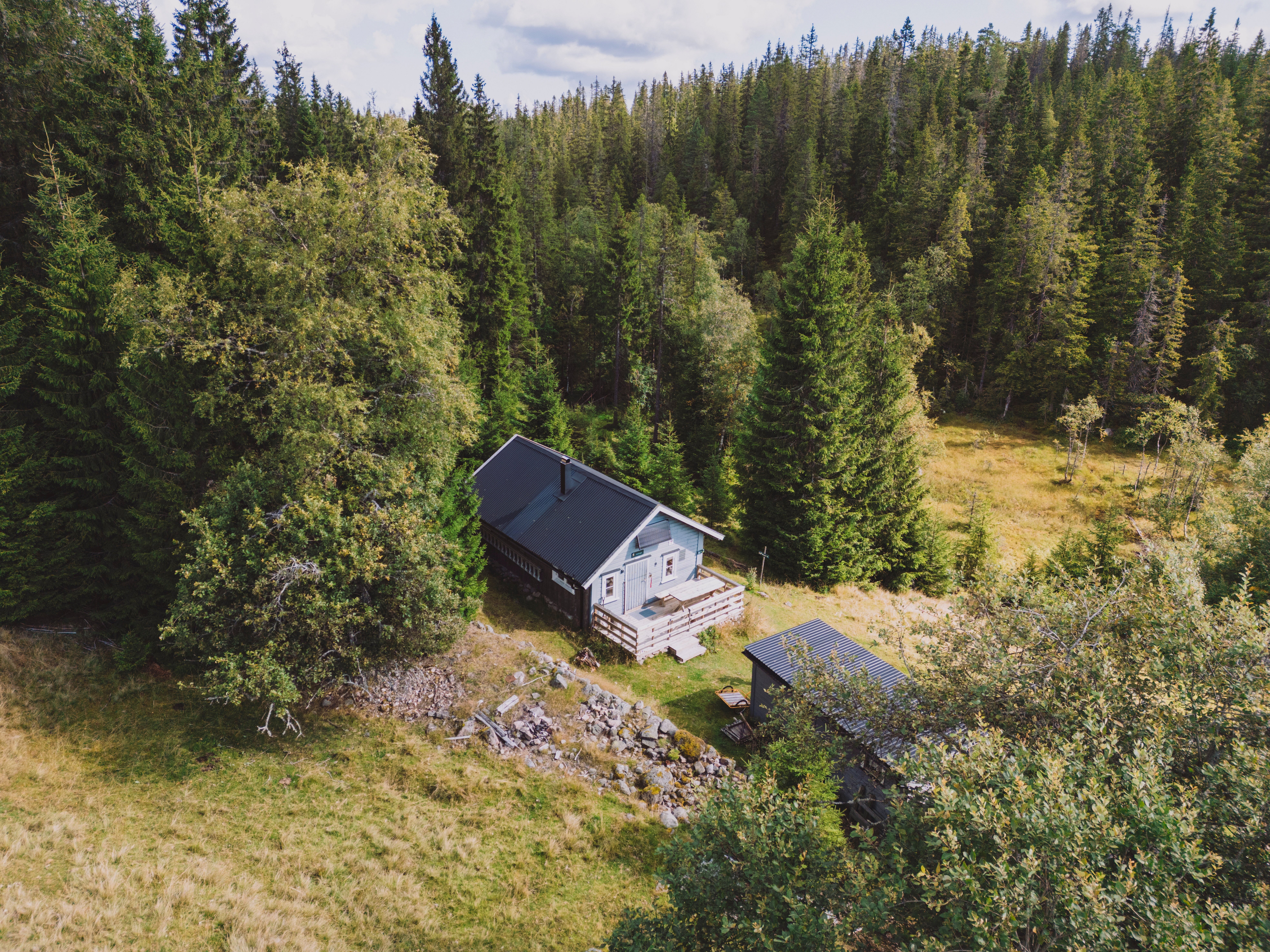 Gr&aring; hytte med terrase i barskog